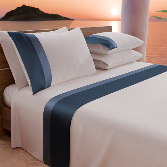 PETTI Lenzuola Matrimoniali in Puro Cotone Percalle con Doppia Balza in Raso - Blu