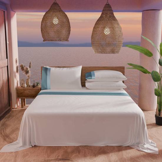 PETTI Lenzuola Matrimoniali In Puro Cotone Percalle Con Doppia Balza In Raso - Celeste