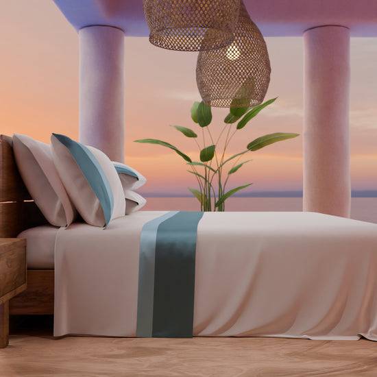 PETTI Lenzuola Matrimoniali In Puro Cotone Percalle Con Doppia Balza In Raso - Celeste