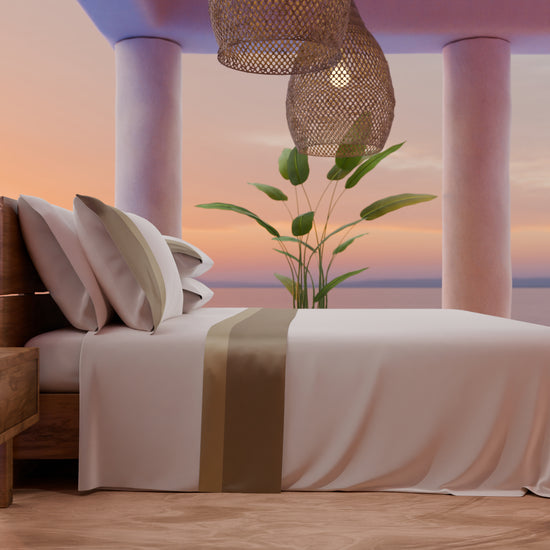 PETTI Lenzuola Matrimoniali In Puro Cotone Percalle Con Doppia Balza In Raso - Tortora