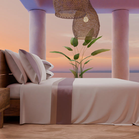 PETTI Lenzuola Matrimoniali In Puro Cotone Percalle Con Doppia Balza In Raso - Cipria