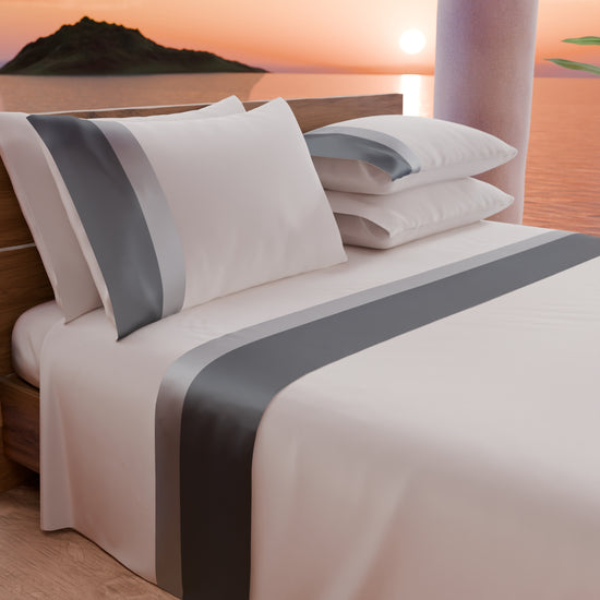 PETTI Lenzuola Matrimoniali in Puro Cotone Percalle con Doppia Balza in Raso - Grigio