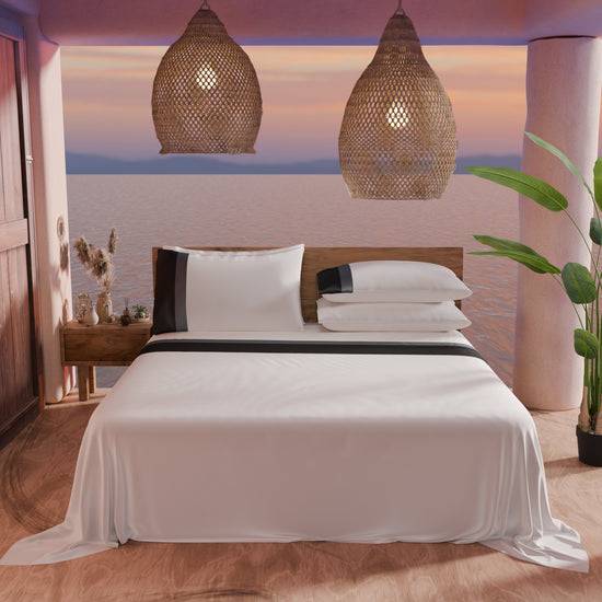 PETTI Lenzuola Matrimoniali In Puro Cotone Percalle Con Doppia Balza In Raso - Nero