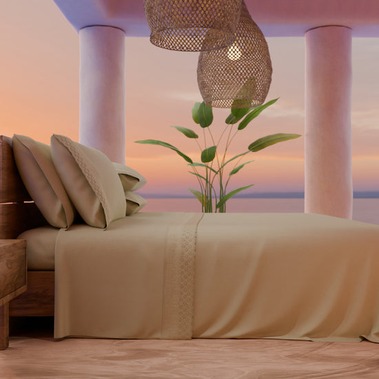 PETTI Lenzuola Matrimoniali In Puro Cotone Percalle Con Balza In Pizzo San Gallo - Beige