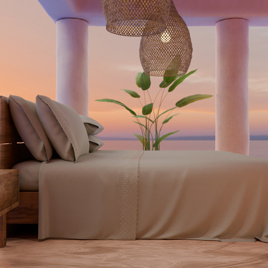 PETTI Lenzuola Matrimoniali In Puro Cotone Percalle Con Balza In Pizzo San Gallo - Tortora