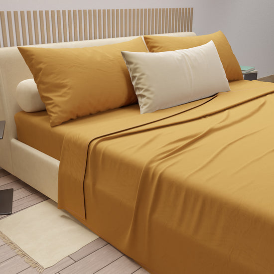 PETTI Lenzuola Matrimoniali, Singole, Una Piazza E Mezza, 100% Cotone, Giallo Ocra