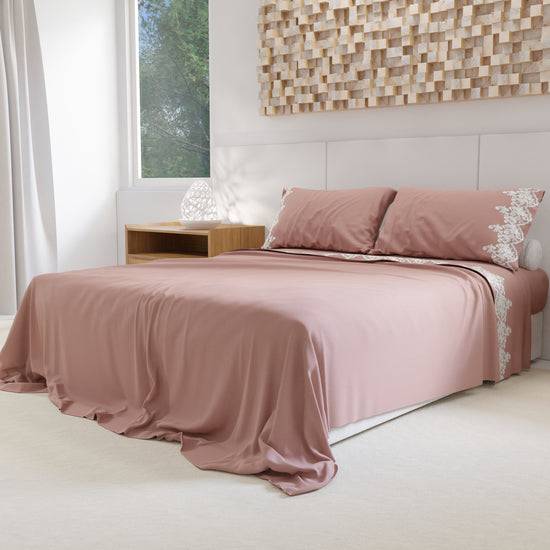 PETTI Lenzuola Percalle Con Pizzo, Lenzuola Matrimoniali Cotone Cipria