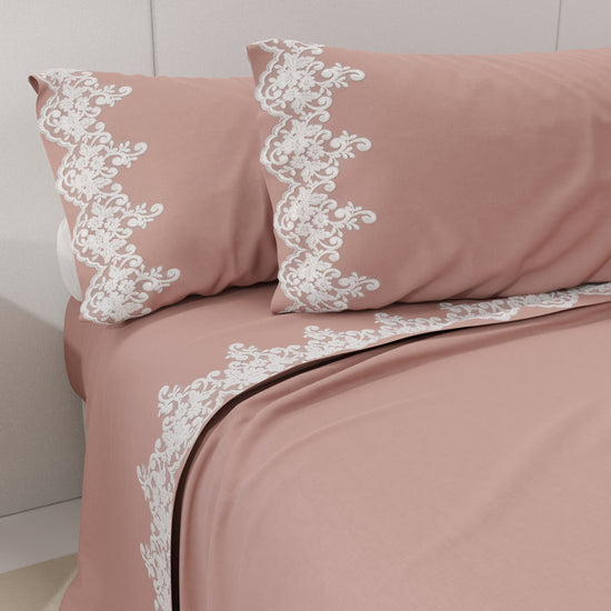 PETTI Lenzuola Percalle Con Pizzo, Lenzuola Matrimoniali Cotone Cipria