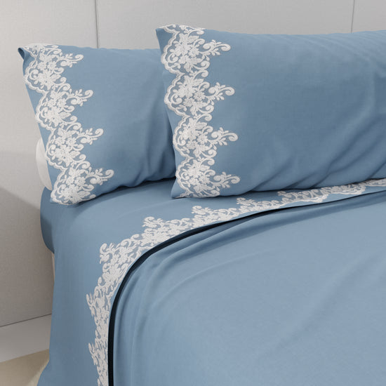 PETTI Lenzuola Percalle Con Pizzo, Lenzuola Matrimoniali Cotone Azzurro