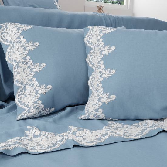 PETTI Lenzuola Percalle con Pizzo, Lenzuola Matrimoniali Cotone Azzurro