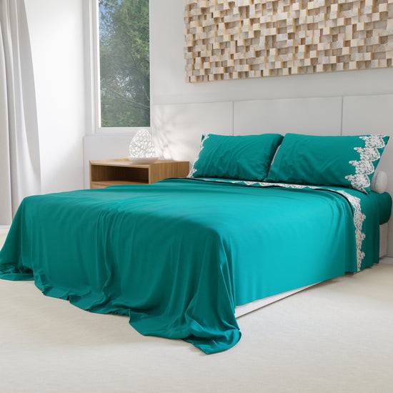 PETTI Lenzuola Percalle Con Pizzo, Lenzuola Matrimoniali Cotone Ottanio