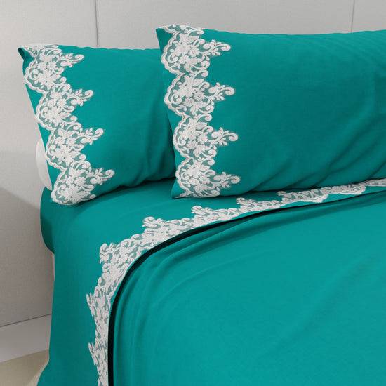 PETTI Lenzuola Percalle Con Pizzo, Lenzuola Matrimoniali Cotone Ottanio