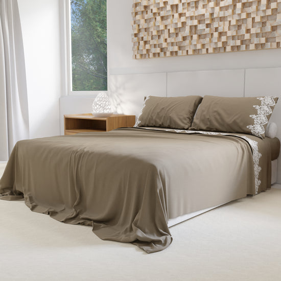 PETTI Lenzuola Percalle Con Pizzo, Lenzuola Matrimoniali Cotone Tortora