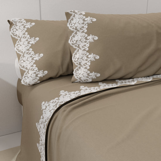 PETTI Lenzuola Percalle Con Pizzo, Lenzuola Matrimoniali Cotone Tortora