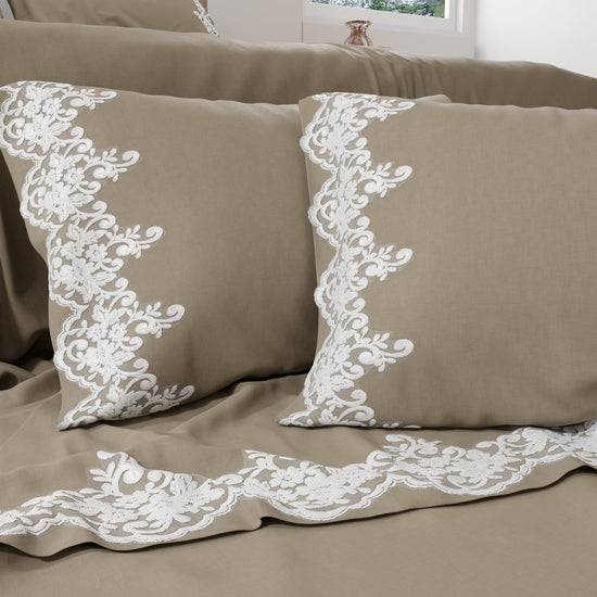 PETTI Lenzuola Percalle con Pizzo, Lenzuola Matrimoniali Cotone Tortora