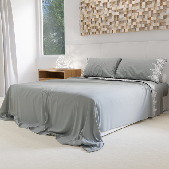 PETTI Lenzuola Percalle Con Pizzo, Lenzuola Matrimoniali Cotone Grigio