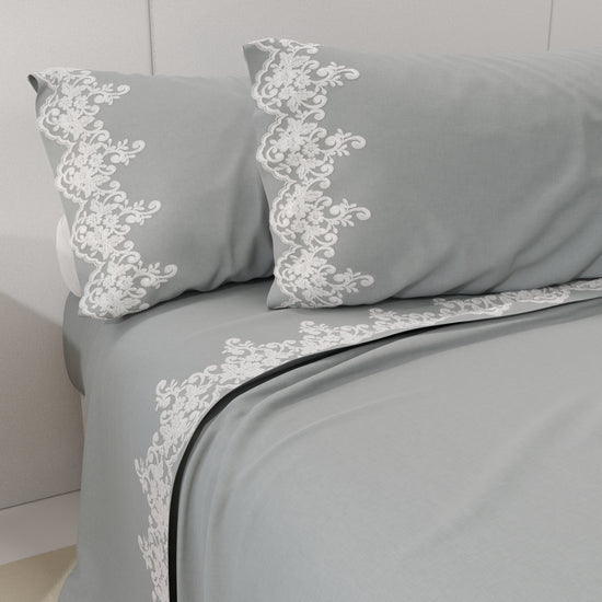 PETTI Lenzuola Percalle Con Pizzo, Lenzuola Matrimoniali Cotone Grigio