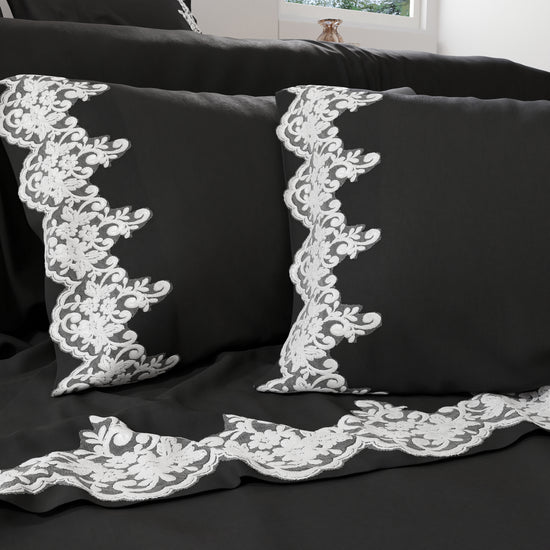 PETTI Lenzuola Percalle con Pizzo, Lenzuola Matrimoniali Cotone Nero