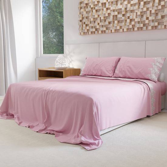 PETTI Lenzuola Percalle Con Pizzo, Lenzuola Matrimoniali Cotone Rosa