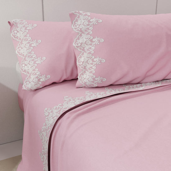 PETTI Lenzuola Percalle Con Pizzo, Lenzuola Matrimoniali Cotone Rosa