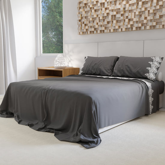 PETTI Lenzuola Percalle Con Pizzo, Lenzuola Matrimoniali Cotone Grigio Fumo