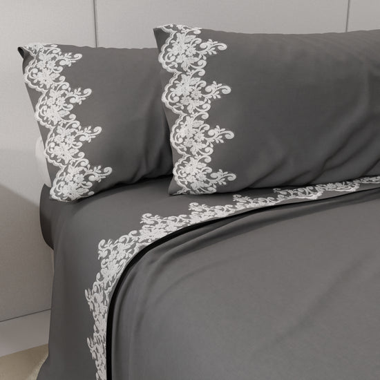 PETTI Lenzuola Percalle Con Pizzo, Lenzuola Matrimoniali Cotone Grigio Fumo
