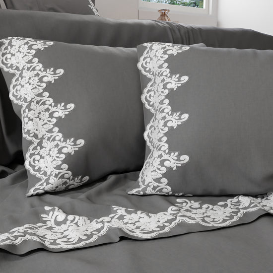 PETTI Lenzuola Percalle con Pizzo, Lenzuola Matrimoniali Cotone Grigio Fumo