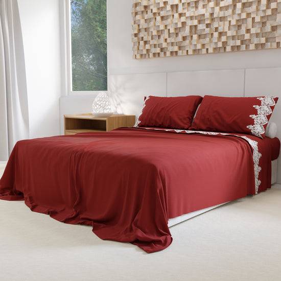 PETTI Lenzuola Percalle Con Pizzo, Lenzuola Matrimoniali Cotone Bordeaux