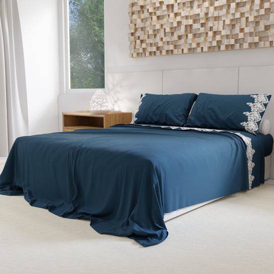PETTI Lenzuola Percalle Con Pizzo, Lenzuola Matrimoniali Cotone Blu Marino
