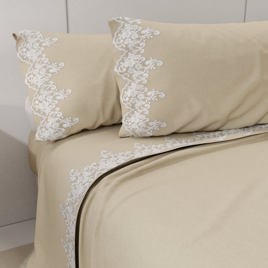 PETTI Lenzuola Percalle Con Pizzo, Lenzuola Matrimoniali Cotone Beige