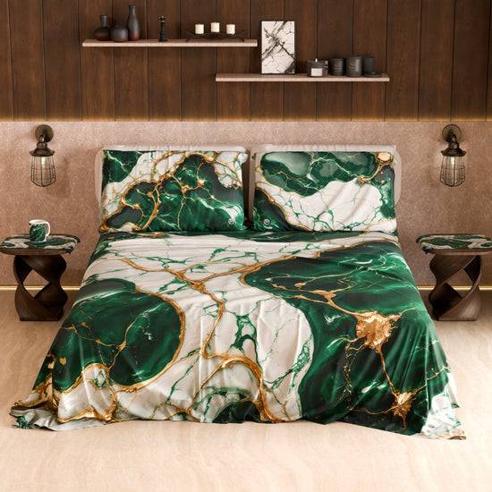 PETTI Lenzuolo Copriletto E Federe Eleganti Effetto Marmo Smeraldo - ESMERAUR