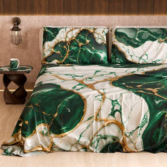 PETTI Lenzuolo Copriletto e Federe Eleganti Effetto Marmo Smeraldo - ESMERAUR