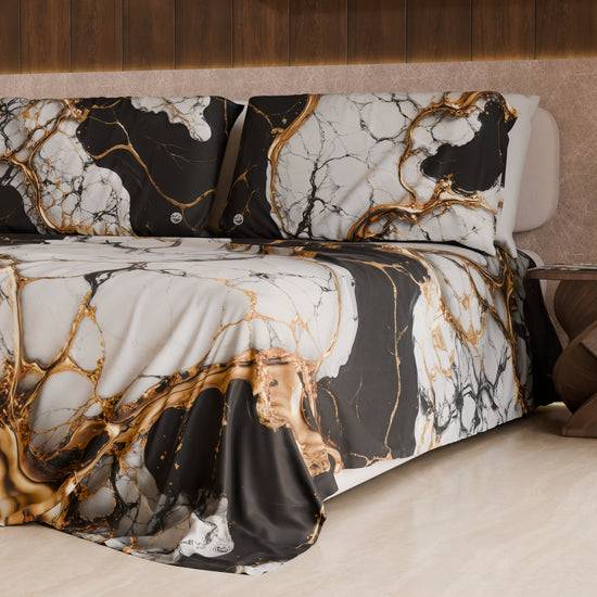 PETTI Lenzuolo Copriletto E Federe Eleganti Effetto Marmo Nero Bianco - GILDENITE