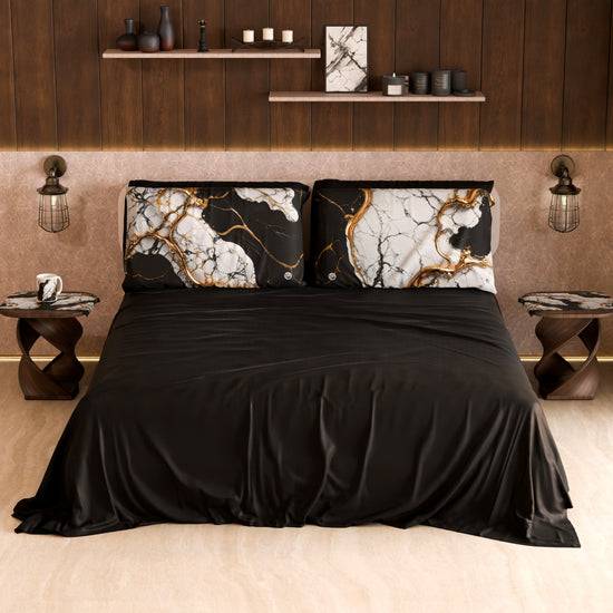 PETTI Lenzuolo Copriletto E Federe Eleganti Effetto Marmo Nero Bianco - GILDENITE