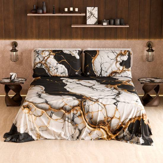 PETTI Lenzuolo Copriletto E Federe Eleganti Effetto Marmo Nero Bianco - GILDENITE
