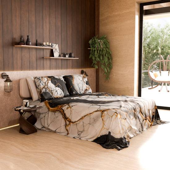 PETTI Lenzuolo Copriletto E Federe Eleganti Effetto Marmo Nero Bianco - GILDENITE