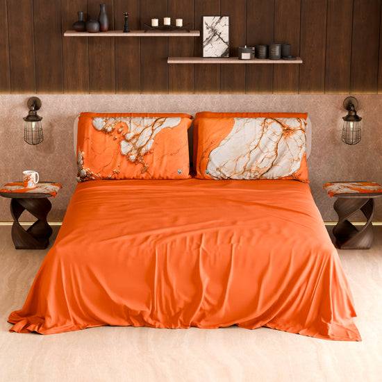 PETTI Lenzuolo Copriletto E Federe Eleganti Effetto Marmo Arancione - AURANGE
