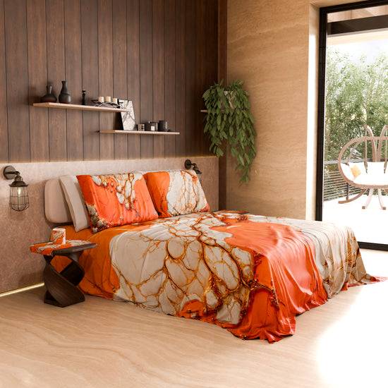 PETTI Lenzuolo Copriletto E Federe Eleganti Effetto Marmo Arancione - AURANGE