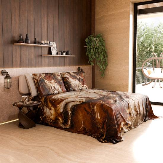 PETTI Lenzuolo Copriletto E Federe Eleganti Effetto Marmo Marrone - MOCHACCINO