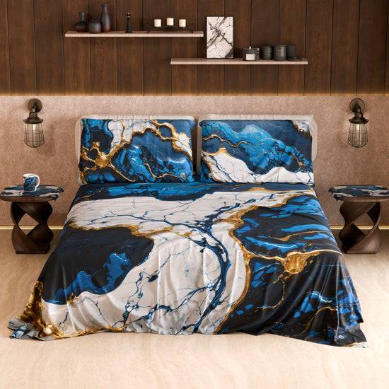 PETTI Lenzuolo Copriletto E Federe Eleganti Effetto Marmo Blu Notte - NAVYGLO