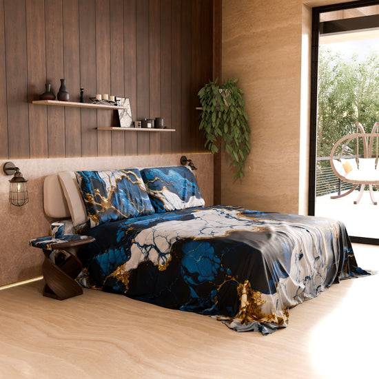 PETTI Lenzuolo Copriletto E Federe Eleganti Effetto Marmo Blu Notte - NAVYGLO