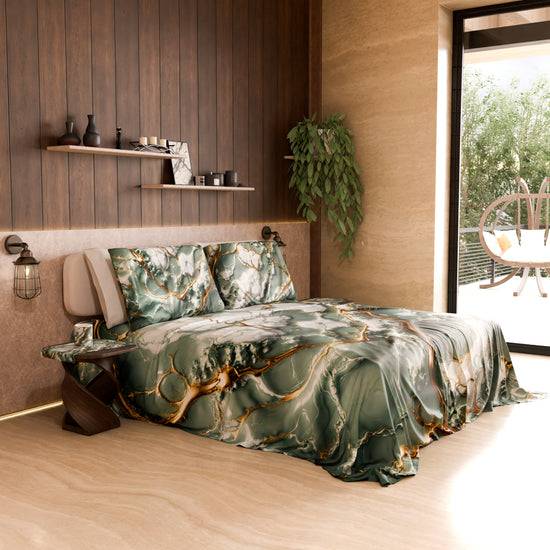 PETTI Lenzuolo Copriletto E Federe Eleganti Effetto Marmo Salvia - SALVOR