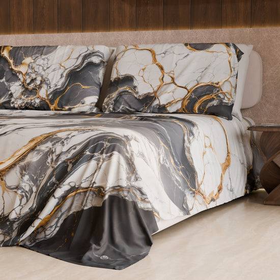 PETTI Lenzuolo Copriletto E Federe Eleganti Effetto Marmo Grigio Scuro - SMOKITE