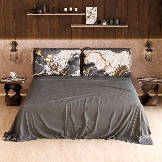 PETTI Lenzuolo Copriletto E Federe Eleganti Effetto Marmo Grigio Scuro - SMOKITE