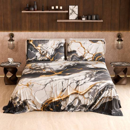 PETTI Lenzuolo Copriletto E Federe Eleganti Effetto Marmo Grigio Scuro - SMOKITE