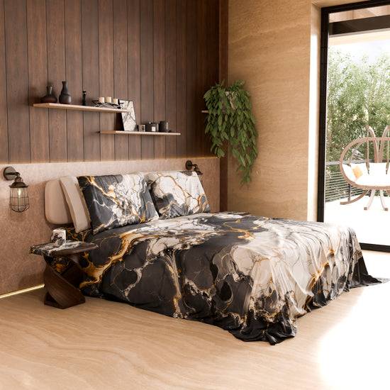 PETTI Lenzuolo Copriletto E Federe Eleganti Effetto Marmo Grigio Scuro - SMOKITE