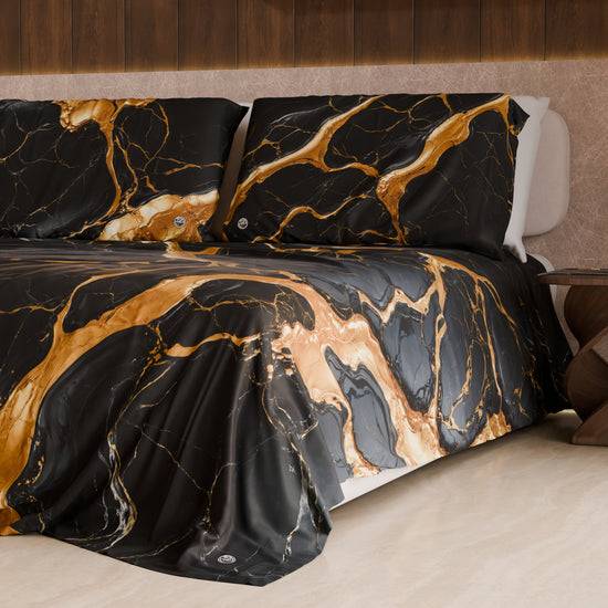 PETTI Lenzuolo Copriletto E Federe Eleganti Effetto Marmo Nero Oro - ONYXLITE