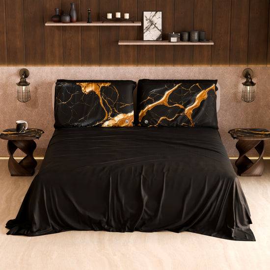 PETTI Lenzuolo Copriletto E Federe Eleganti Effetto Marmo Nero Oro - ONYXLITE