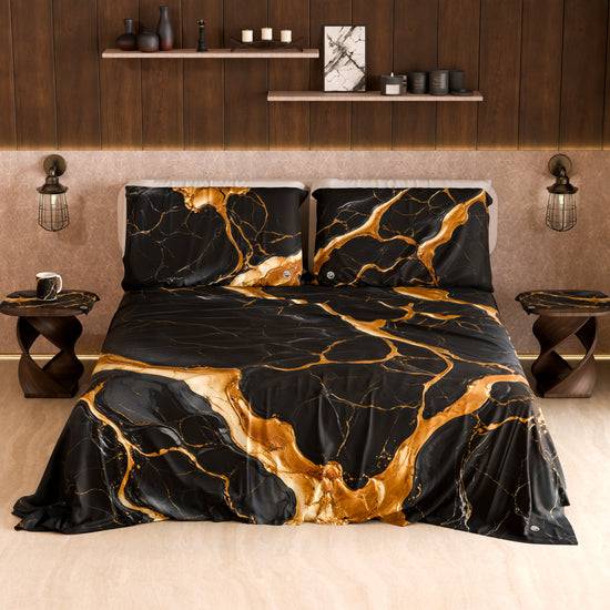 PETTI Lenzuolo Copriletto E Federe Eleganti Effetto Marmo Nero Oro - ONYXLITE