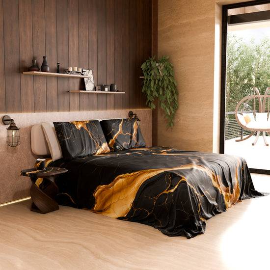 PETTI Lenzuolo Copriletto E Federe Eleganti Effetto Marmo Nero Oro - ONYXLITE